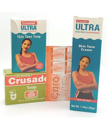 Crusader Ultra Skin Tone Soap 2.85 oz + Crusader Ultra Skin Tone Cream1.76 oz + Crusader Soap the Original 2.85 oz + 1 Bonus Sachet Caro White Intense Carrot Cream (0.27 oz) Bundle
