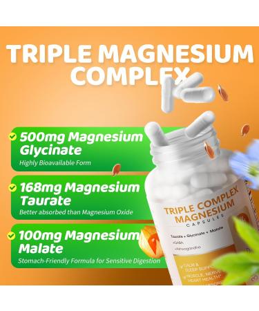 Triple Magnesium Complex - Magnesium Glycinate Taurate & Malate Supplement with Omega3 Ashwagandha GABA for Sleep Brain Heart & Muscle Support - High Absorption and Gentle Vegan 120 Capsules 120 Count (Pack of 1) - Buy Online on GoSupps.com