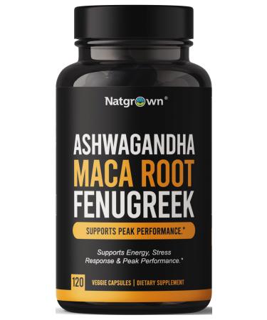 Natgrown Ashwagandha Maca Root Fenugreek Extract Capsules Supplement for Men & Women - Vegan Pills - (120 Count) 120 Count (Pack of 1)
