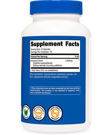 Nutricost Guarana 1000mg - 150 Vegetarian Capsules | Herbal Brazilian Caffeine Energizer Supplement - Buy Online on GoSupps.com