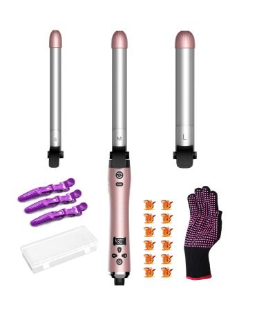 Automatic Hair Curling Wand-3 Interchangeable Heating Iron Barrels Hair Styling Curler for DIY/Salon Professional Use  LCD Display Fast Heat-UP 430 F Ceramic Coasting for All Hair Types Long/Short Rose Gold