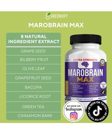 GREENVIFY MAROBRAIN MAX Extra Strength Brain Support Supplement 60 Capsules with Herbal Blend Vitamins A C D B-Complex DHA Grape Seed Bacopa (1) - Buy Online on GoSupps.com