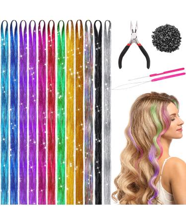 Gosuoa 48 Inches Hair Tinsel Kit  12 Colors 2400 Strands Tinsel Hair Extensions with Tools  Heat Resistant Glitter Fairy Hair Tinsel Kit for Women Girls Hair Accessories