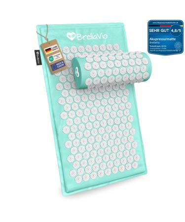 BRELLAVIO ACUPRESSURM PATTE with pillow - acupuncture massage mat - acupressure for relaxation for back neck shoulder and foot - sting mat against tension (pastel turquoise)