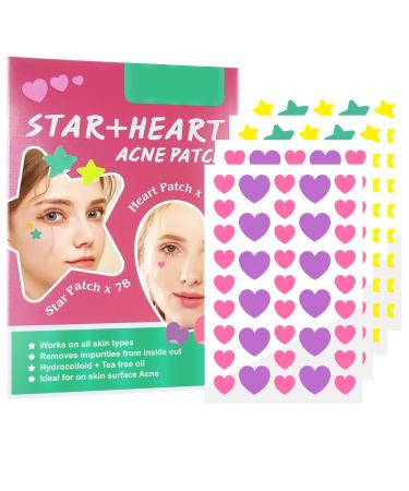 NOLLAM Pimple Patches for Face 156 Dots Acne Patches Hydrocolloid Stars and Heart Shapes Zit Covers With Tea Tree Oil and Calendula Oil