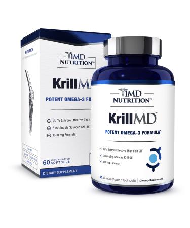 1MD Nutrition KrillMD - Antarctic Krill Oil Omega 3 Supplement with Astaxanthin, EPA, DHA | 2X More Effective Than Fish Oil | 60 Softgels 1 Count (Pack of 60)
