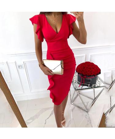 Briskyry V-Neck Floral Knee-Length Business Dresses for Women | Elegant Summer Bustier & Ruffled Hem Festival Dresses - Buy Online on GoSupps.com