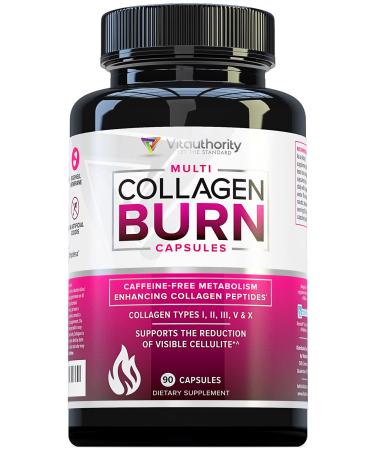 Multi Collagen Burn: Multi-Type Hydrolyzed Protein Peptides with Hyaluronic Acid Vitamin C SOD B Dimpless Types I II III V and X Caffeine-Free (Unflavored Capsules)