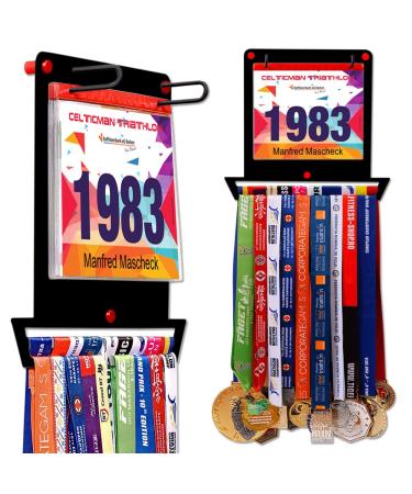 VICTORY HANGERS Medal Hanger for Runners | My Victories Race Bib Holder + Medal Rack | Square Shape | Complete Bundle Steel Medal Holder and Bib Hanger for 40+ Medals & 100 Runner Race Bibs Black
