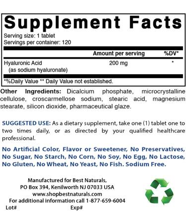 Best Naturals Hyaluronic Acid 200mg 120 Tablets - Non-GMO Gluten Free Formula for Youthful Skin & Joints - Buy Online on GoSupps.com