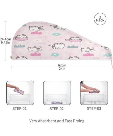Pink Cartoon Cat Dry Hair Cap - 2 Piece Quick Drying Towel Set with Button Headband | Super Absorbent & Comfortable - Buy Online on GoSupps.com