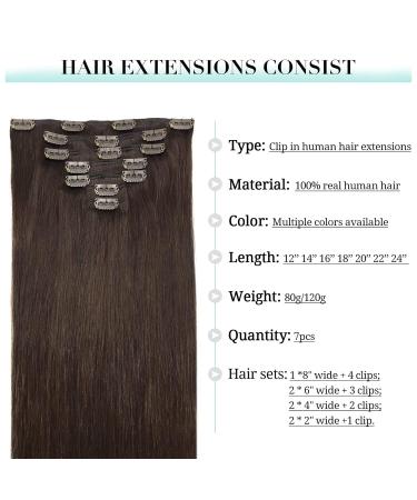 Doores Real Hair Extensions Clip - Light Dark Brown 35cm (14 inch) - 7 Pieces 120g Remy Clip-In Human Hair Extensions for Thick Hair - Buy Online on GoSupps.com