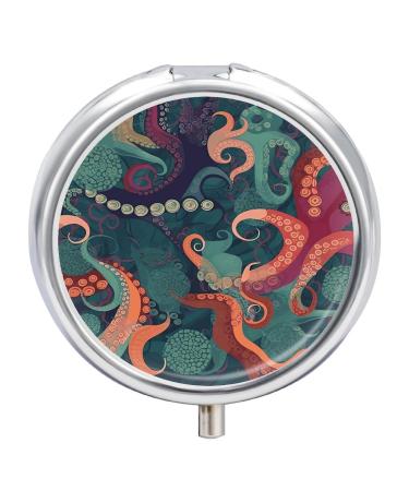 Round Pill Box Abstract Octopus Print 3 Compartment Medicine Pill Case Print Pill Organizer Decorative Metal Portable Pill Box Pocket Pill Box
