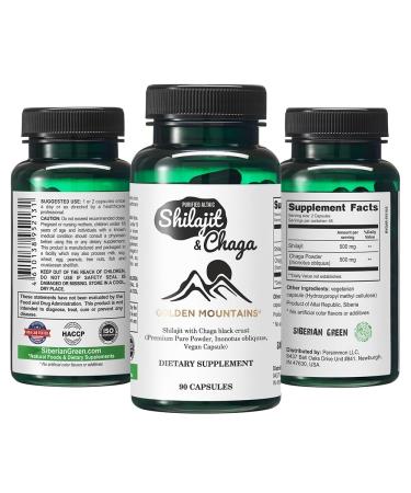 Golden Mountains Chaga Mushroom Supplements Shilajit Capsules 90 Count Natural Vegetarian Mushroom Capsules with Shilajit Chaga Powder Pure and Safe Mushroom Blend Promotes Energy Focus