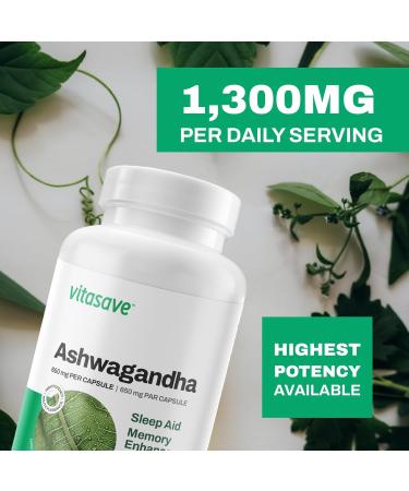 Vitasave Organic Ashwagandha Supplement 120 Vegetarian Capsules - 1300mg per Serving - Non-GMO Gluten-Free & Dairy-Free - Natural Sleep Aid - Memory Enhancer - Reduces Stress - Buy Online on GoSupps.com