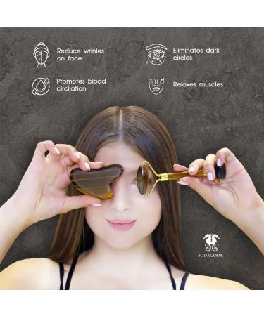 Sodacoda Gua Sha Set - Traditional Chinese Beauty Face Massage with Tiger Eye Semi-Precious Stone Scraper and Roller - Buy Online on GoSupps.com