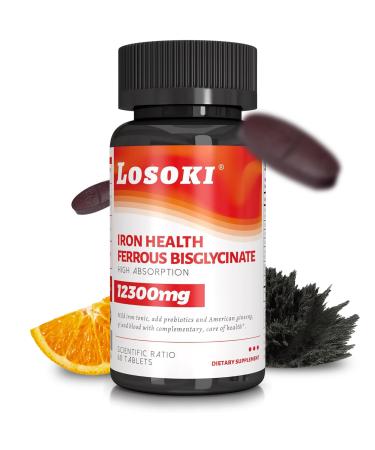 Losoki Iron Bisglycinate 20 mg with Vitamin C B12 American Ginseng & Probiotics Gentle on The Stomach Supports Energy & Iron Deficiency - Non GMO 60 Tablets