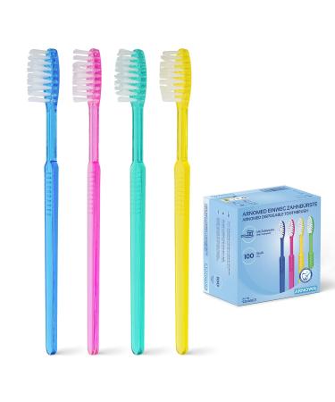 100x ARNOMED Disposable Toothbrushes with Toothpaste, Individually Wrapped Toothbrushes, Red, Blue, Green & Yellow