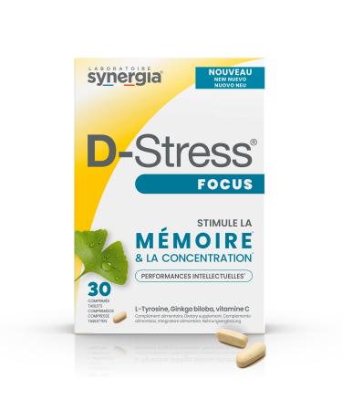 D-STRESS FOCUS 30 tablets | L-Tyrosine Ginkgo biloba and Vitamin C | Boosts memory and concentration | Vegan Gluten Free Soy Free Non-GMO | Origin France | SYNERGIA laboratory