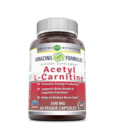 Amazing Formulas Acetyl L-Carnitine Hcl Veggie Dietary Supplement - 500 Mg Veggie Capsules (Non GMO Gluten Free) Per Bottle - Promotes Energy Production & Cognitive Function (60 Count)
