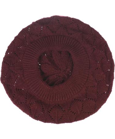 BYOS Chic Lightweight Burgundy Leafy Crochet Beret Beanie Hat - Soft Knit, Airy Cutout, Slouchy Design - Buy Online on GoSupps.com
