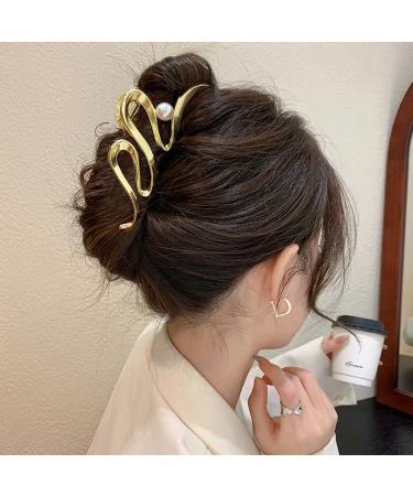 Gold Metallic Ribbon Pearl Hair Claw | Large Size, Strong Hold, Stylish Accessory for Women | 1Pc | Ideal for Thick & Thin Hair - Buy Online on GoSupps.com