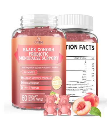 OALSE Menopause Supplement for Women Gummies with Black Cohosh Magnesium Vitamin E Probiotic & Prebiotic - Hot Flashes* and Night Sweats* Relief Supplements - Vegan Peach Flavored 60 Counts