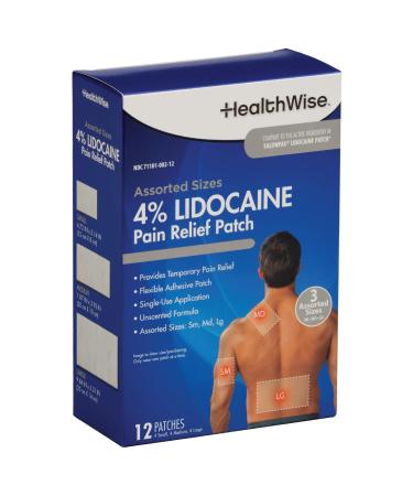 HealthWise Lidocaine Pain Patch | 4% OTC Lidocaine | 12-Count Assorted Sizes | Paraben-Free Formula | Temporarily Soothes Minor Aches and Pains | Unscented | Flexible Application