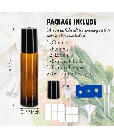 12 Pack 10ml Amber Glass Essential Oil Roller Bottles with Stainless Steel Roller Balls and Accessories | Labels, Openers, Funnels, Droppers Included - Buy Online on GoSupps.com