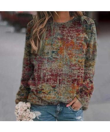 oelaio Womens Round Neck Long Sleeve Tshirts Vintage Graphic Fall Shirt Tops Casual Tunic Tops Loose Fitting Shirts Red#41 Small - Buy Online on GoSupps.com