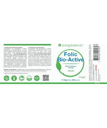 Energybalance Folic Capsules - High Bioavailability Folate for Pregnancy & Fertility | Vegan Vitamin B9 (5-MTHF Quatrefolic) | Swiss Quality | 90 Vegecaps - 600 g - Buy Online on GoSupps.com