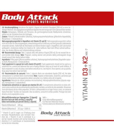Buy Body Attack Vitamin D3 + K2 - High Dose Vegan Capsules | 100mg K2 & 37.5mg D3 for Optimal Health | International Shipping Available - Buy Online on GoSupps.com