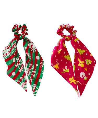 JNAWA 2Pieces Christmas Scrunchie Scarf Hair Band Elastic Christmas Pattern Hair Ties Ponytail Holder Colourful Hair Accessories for Xmas Girl Women