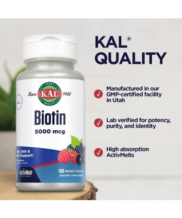 Kal 5000 Mcg Biotin Tablets Mixed Berry 100 ct - Hair, Skin & Nail Health - Buy Online on GoSupps.com