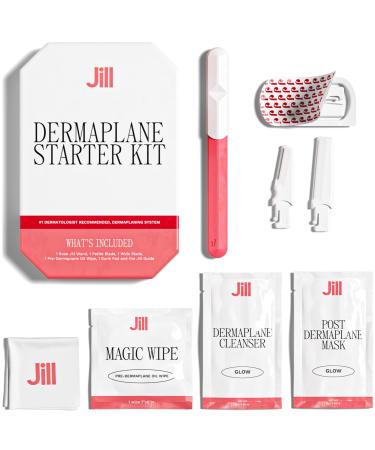 Jill Dermaplane Starter Kit for Women in Rose Facial Razor & Exfoliating Blade Set with Pre-Shave Magic Wipe Gentle Skin Cleanser Glow Moisturizer & 2 Disposable Dermaplane Blades Starter Kit in Rose