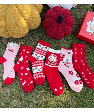 Chinese Spring Festival Zodiac Rabbit Lucky Socks - 6 Pairs Gift Box Set 34-40 Red - Buy Online on GoSupps.com