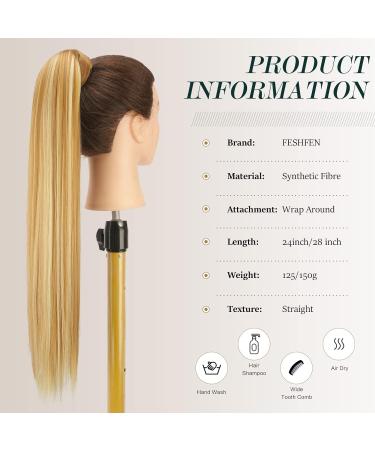 FESHFEN 28 Straight Synthetic Wrap Around Ponytail Extension in 27H613 Strawberry Blonde & Bleach Blonde - Clip in Hairpiece for Women - Buy Online on GoSupps.com