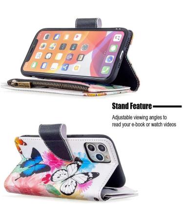 Miago iPhone 12 Pro Wallet Case - Colorful Leather Flip Cover with 9 Card Slots & Butterfly Flower Design - Buy Online on GoSupps.com