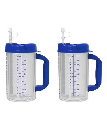 32 oz Double Wall Insulated Hospital Mug - Cold Drink Mug - Large Carry Handle - Includes Straw (2, Blue)