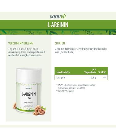Sanuvit L-Arginine 800 mg Capsules | 180 Vegan Capsules | High Dose Amino Acid | High Bioavailability | Made in Austria - Shop Internationally! - Buy Online on GoSupps.com