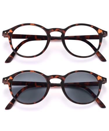EYEGUARD 2 Pack Vintage Reading Glasses for Women Men includes Sun Readers UV Protection Reading Sunglasses with Spring Hinge Tortoise +3.00 Tortoise 3.0 x