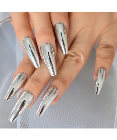 Silver Punk Metallic Press On False Nails - Long Coffin Ballerina Chrome Mirror Fake Nails - Full Cover Acrylic Nail Tips with Glue Tape - Women/Girls - L5883-1 - Buy Online on GoSupps.com