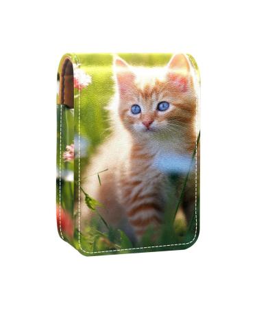 Lipstick Case Leather Lip Gloss Lipstick Organizer with Mirror Mini Lipstick Holder Bag Cute Kitten Flower Grass J344o8atxl