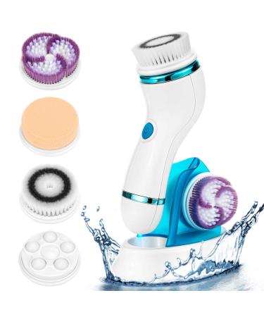 Facial Cleansing Brush Set- Rechargeable Face Brush with 4 Heads - IPX6 Waterproof Electric Rotating Face Scrubber for Deep Cleaning  Exfoliating  Blackhead Removing  2 Speeds Adjustable Blue