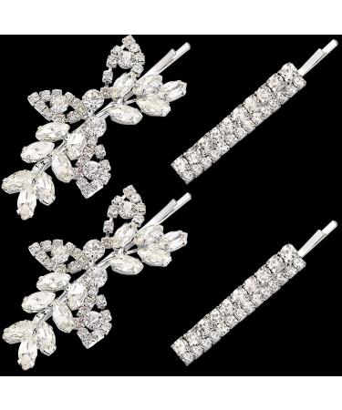 4 Pieces Bridal Hair Clips  Rhinestone Hair Accessories Leaf Wedding Hair Pins Crystal Bobby Pins Silver Hairpin Jewelry Barrette for Brides Bridesmaids Flower Girls (Classic Type)