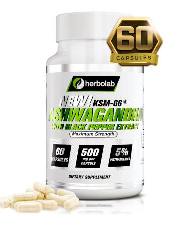 herbolab Ashwagandha KSM 66 15:1 with Black Pepper Extract (Higher Absorption) Max Potency Full Spectrum 5+% Withanolides