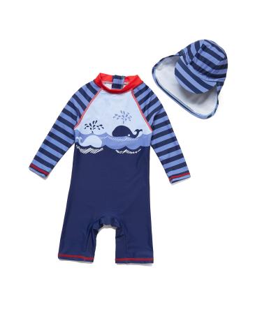 BONVERANO Baby Boys Swimsuit Toddler Bathing Suit Long-Sleeve Zipper One Piece Swimwear with UPF 50+ Sun Protection Whale 3 3-6 Months