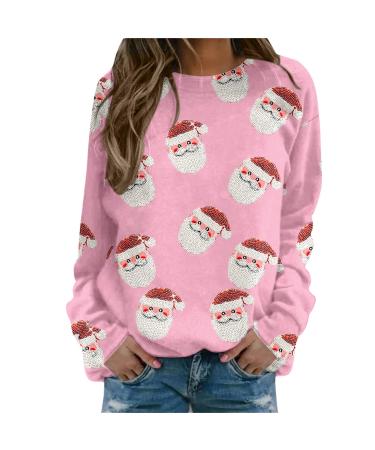 Women's Christmas Sweatshirts Cute Snowman Penguin Print O-Neck Raglan Top Shirt Pullover Comfy Warm Xmas Jumper Winter Long Sleeve Tops Loose Tunic Top Sweaters Z38-pink XL