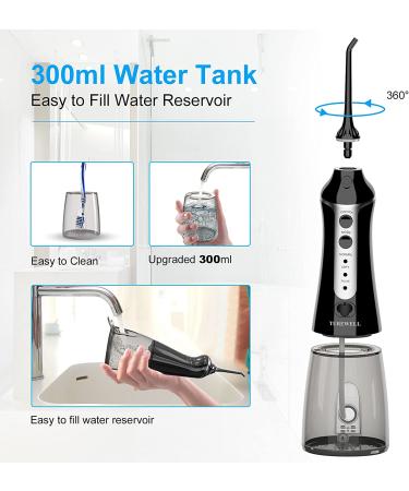 Water Dental Flosser Cordless - 300ML Portable Oral Irrigator with 3 Modes, 5 Water Jet Tips, IPX7 Waterproof - Teeth Cleaner for Braces, Travel - Black - Buy Online on GoSupps.com