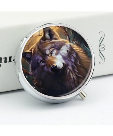 Round Pill Box with Wolves & Dream Catchers | 3 Compartment Decorative Metal Organizer - Portable Pocket Pill Case - Buy Online on GoSupps.com